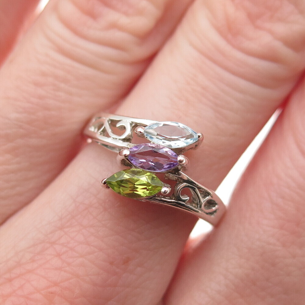 Morning Sun 925 Sterling Silver Vintage Real Topaz Amethyst Peridot Ring Size 7